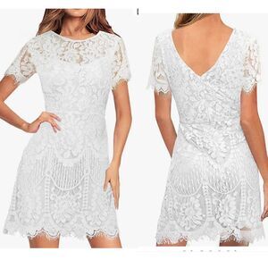 MSLG Women's Elegant Round Neck V-Back Floral Lace Cocktail Dress